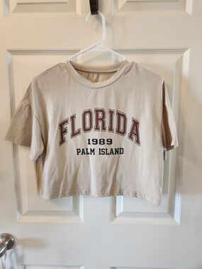 3/$20 SALE! Florida 1989 Palm Island Cropped SHEIN Tee - Beige, Maroon, & Black